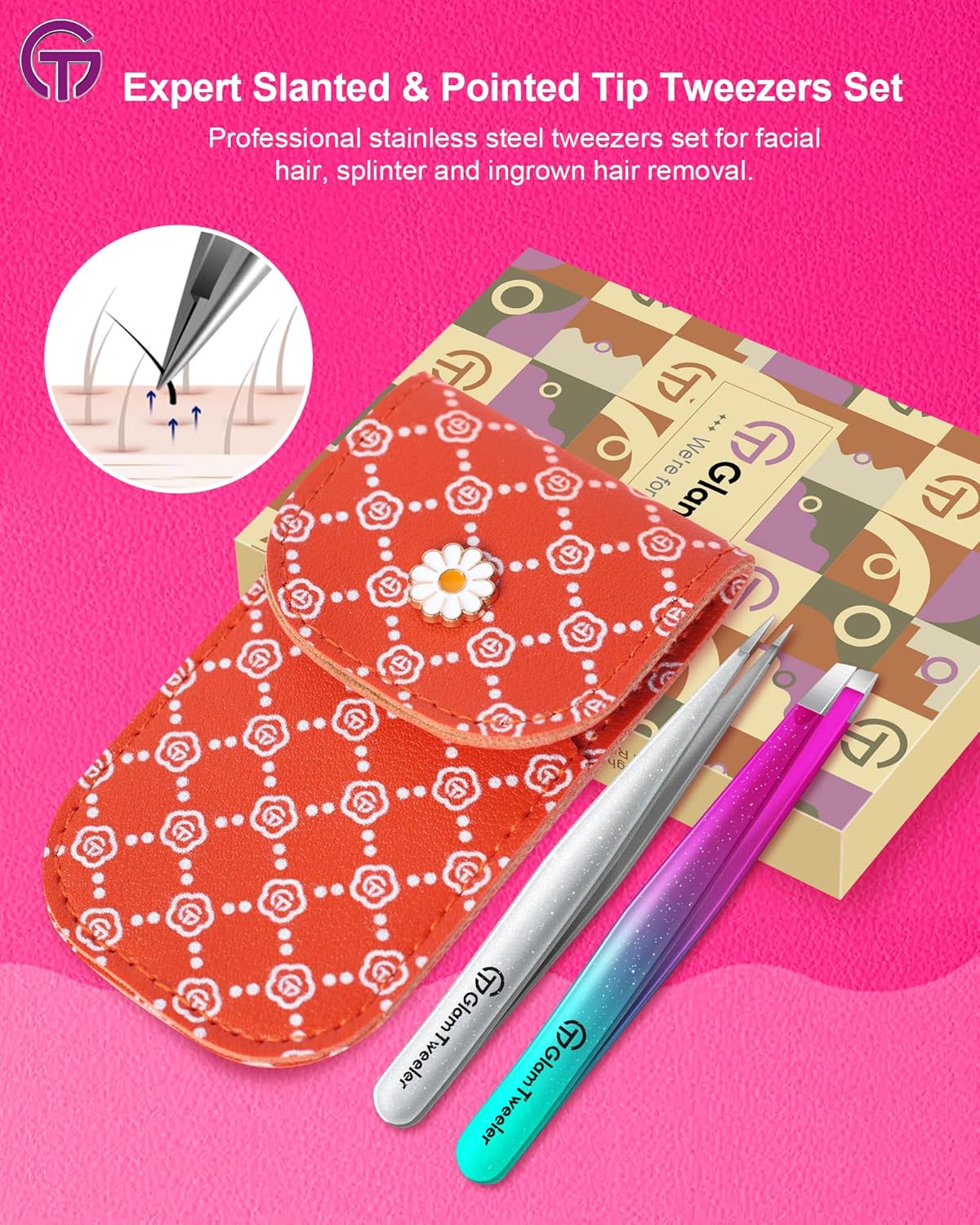 Expert Slant and Point Tip Tweezer Set with Exclusive Travel Case, GlamTweeler Sharp & Precision