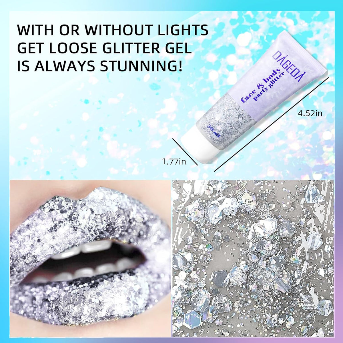 DAGEDA Body Glitter Gel, Body Sequins Shimmer Liquid Eyeshadow, Chunky Glitter for Face Hair Nails