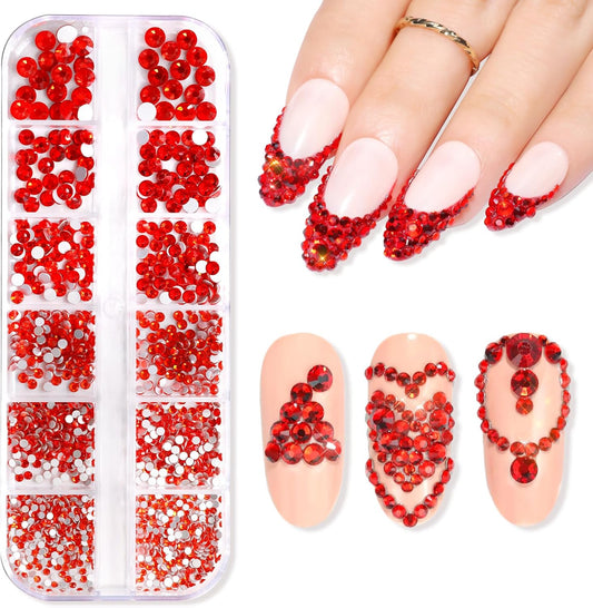 Makartt Red Nail Rhinestones Flatback Rhinestones Multi-Size Round Crystal Glass Nail Charms