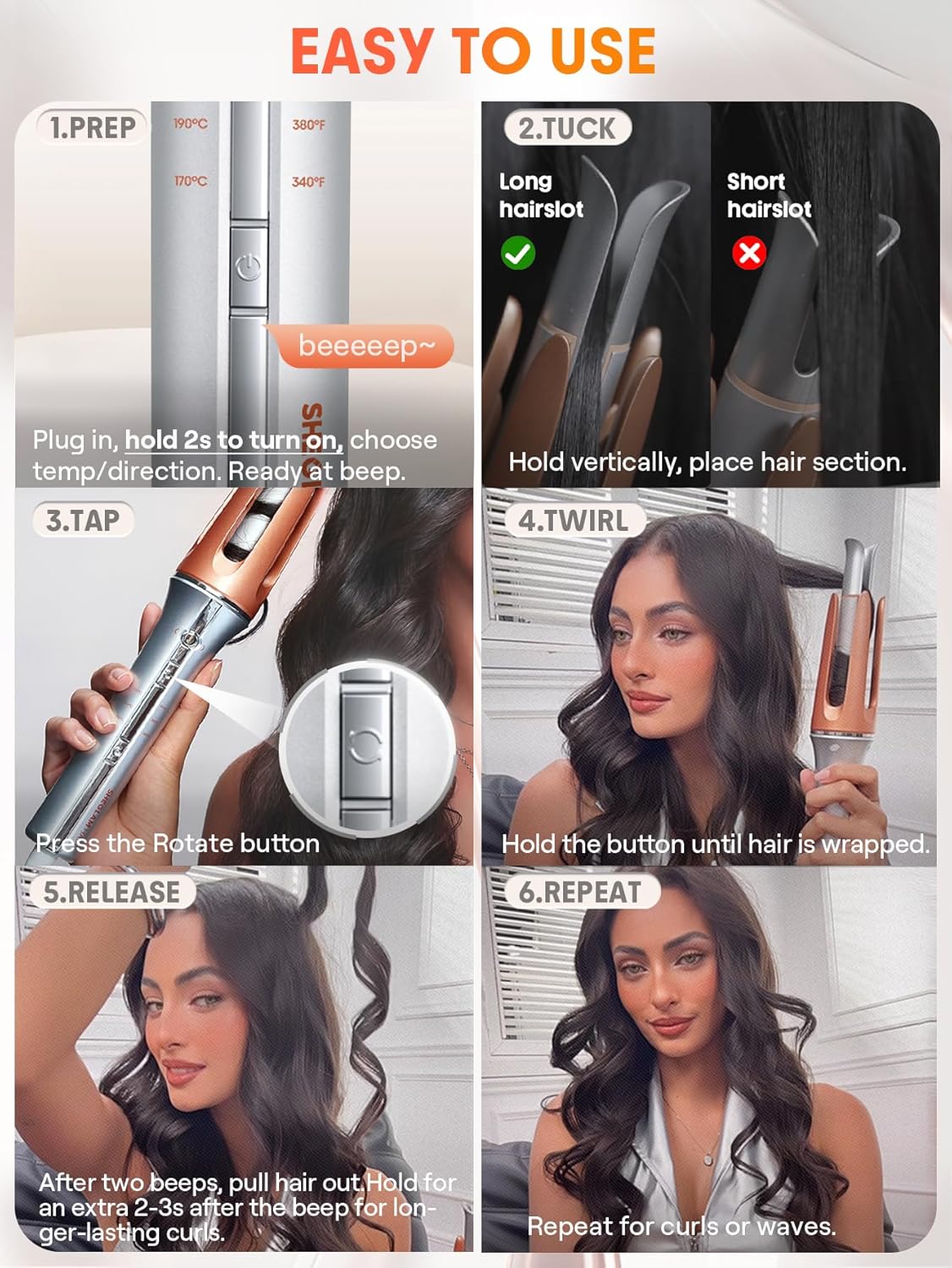 SHEGLAM Automatic Curling Iron 1 inch with 3 Temperatures Fast Heating, 2-Way Rotation, Automatic