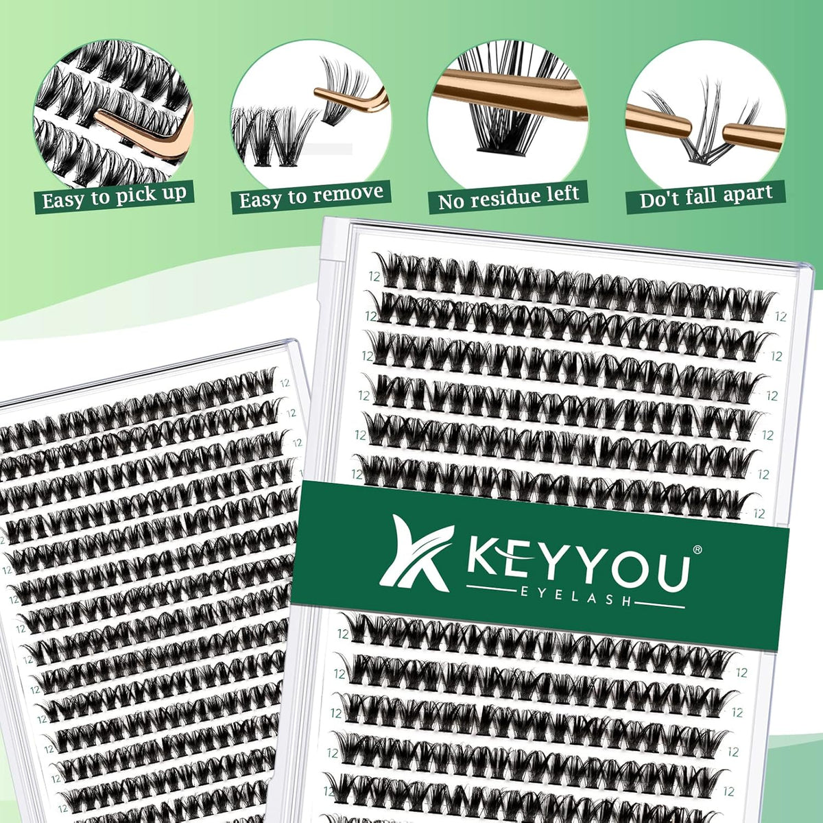 Lash Clusters 300pcs Eyelash Clusters 50D 0.07D Curl 12mm DIY Eyelash Extension KEYYOU Large Tray