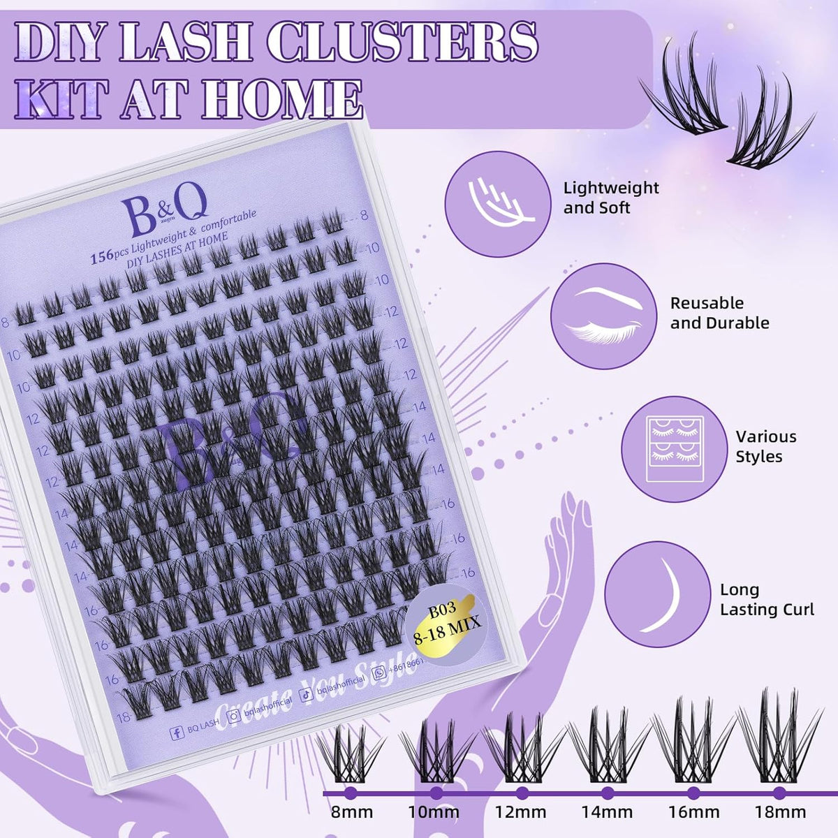 Lash Extension Kit B03 Eyelash Extension Kit B&Qaugen DIY Lash Extension Kit 156 PCS Lash Clusters