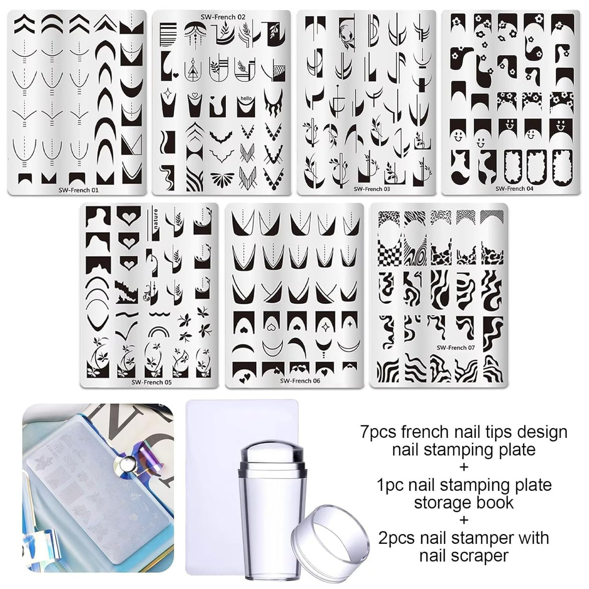 French Tip Nail Stamping Plate- 10 pcs Nail Stamper Kit Silicone Nail Stamper French Nail Stamp