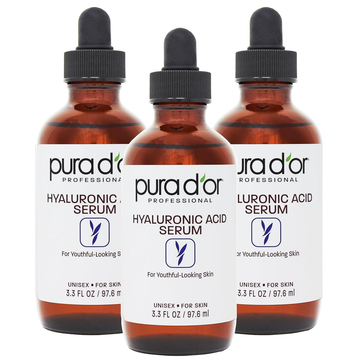 PURA D'OR Hyaluronic Acid Serum For Deep Hydration (3.3oz x3 = 9.9oz) Anti-Aging, Plumping &