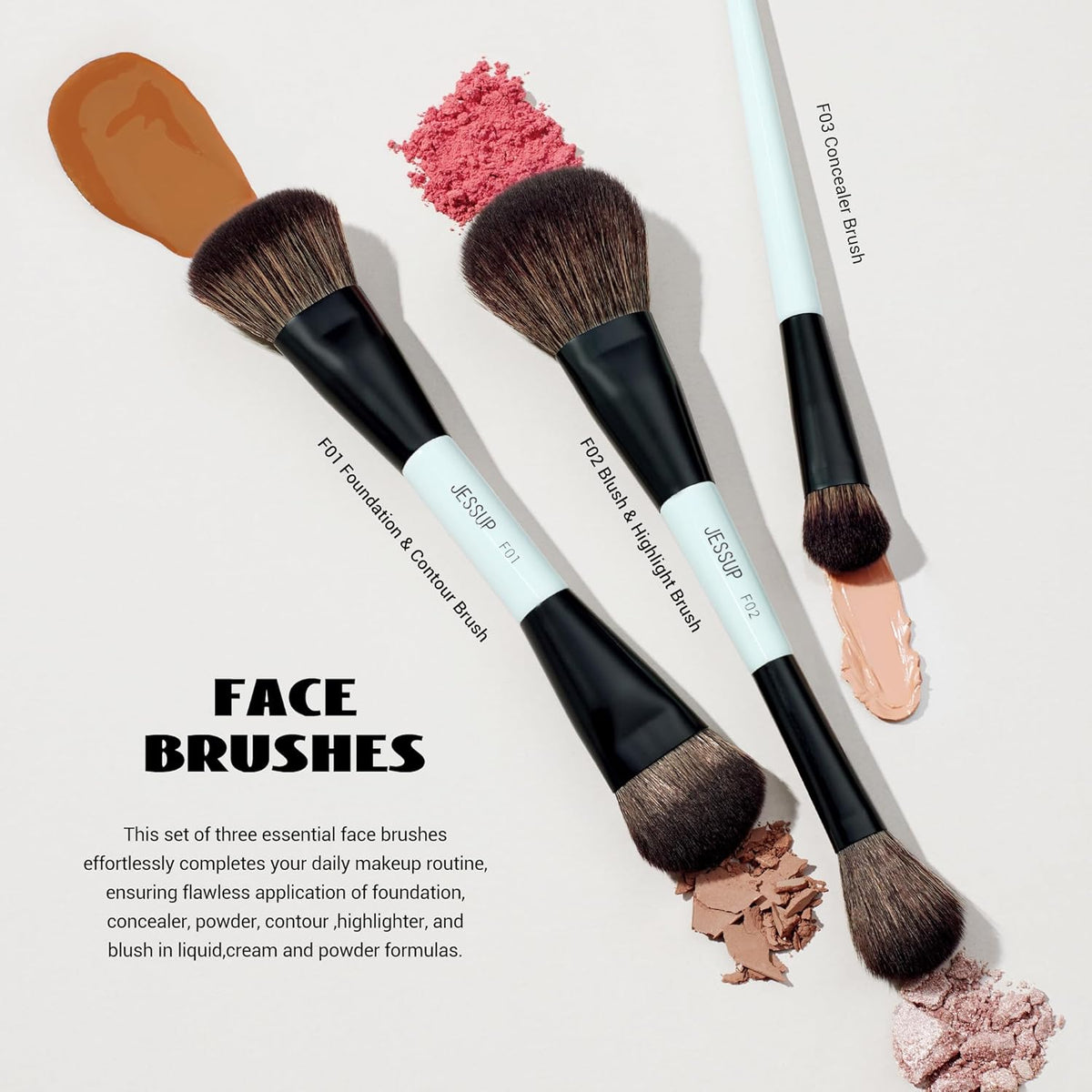 Jessup Makeup Brushes Set 10pcs, Double Sided Foundation Contour Blush Highlight Blending Eyebrow