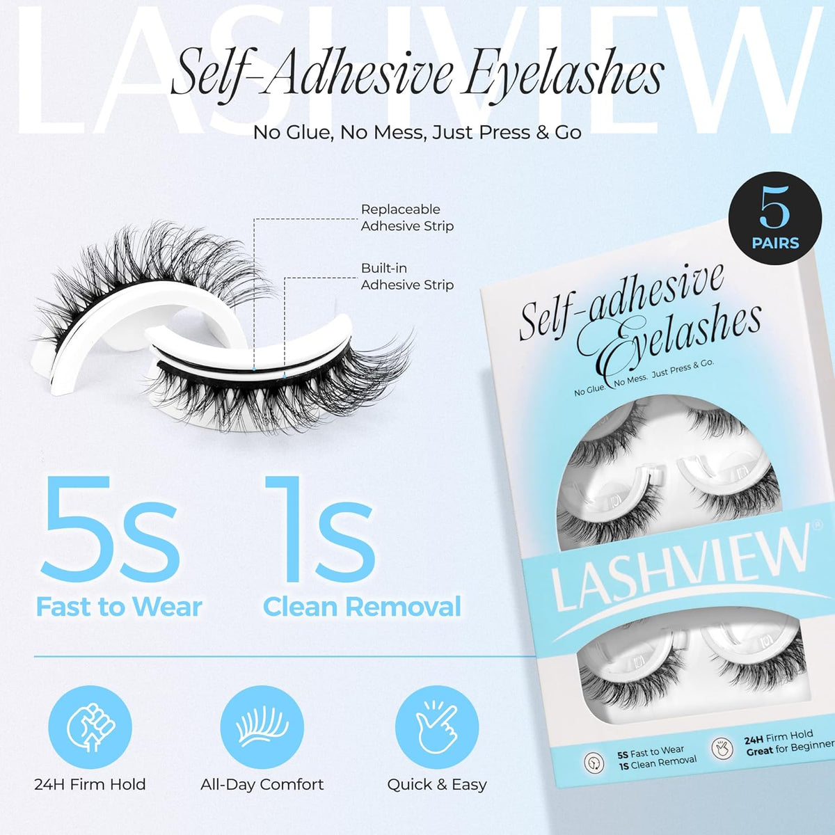 LASHVIEW Self Adhesive Eyelashes 5 Pairs Cat Eye Wispy Self-adhesive False Lashes Reusable Natural