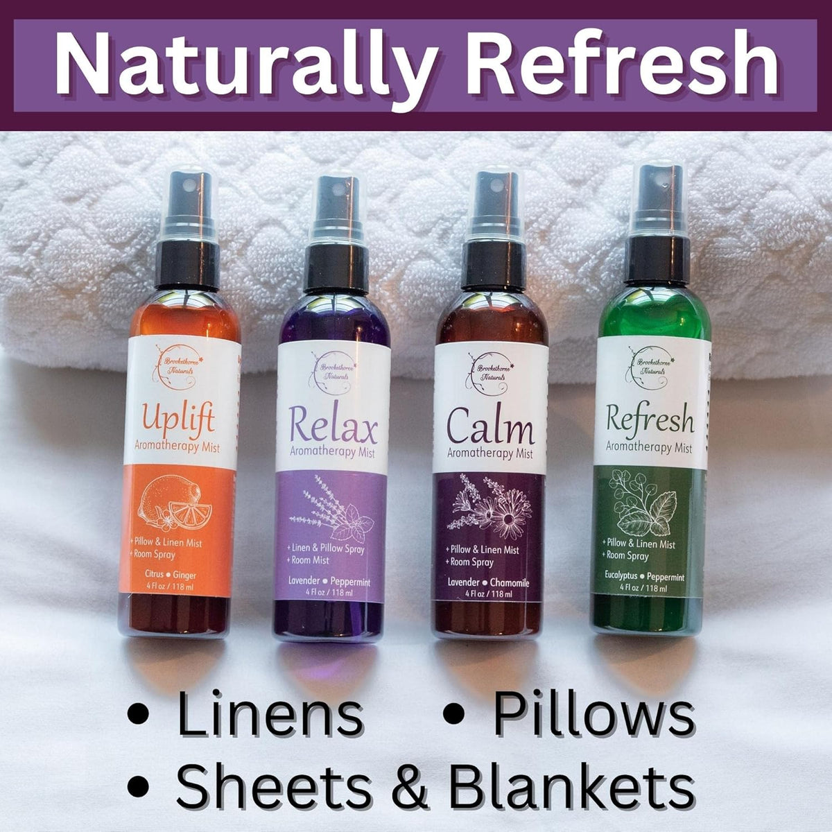 Aromatherapy Mist – Linen, Room & Pillow Spray, Set of 4 Natural Air Fresheners. Essential Oil