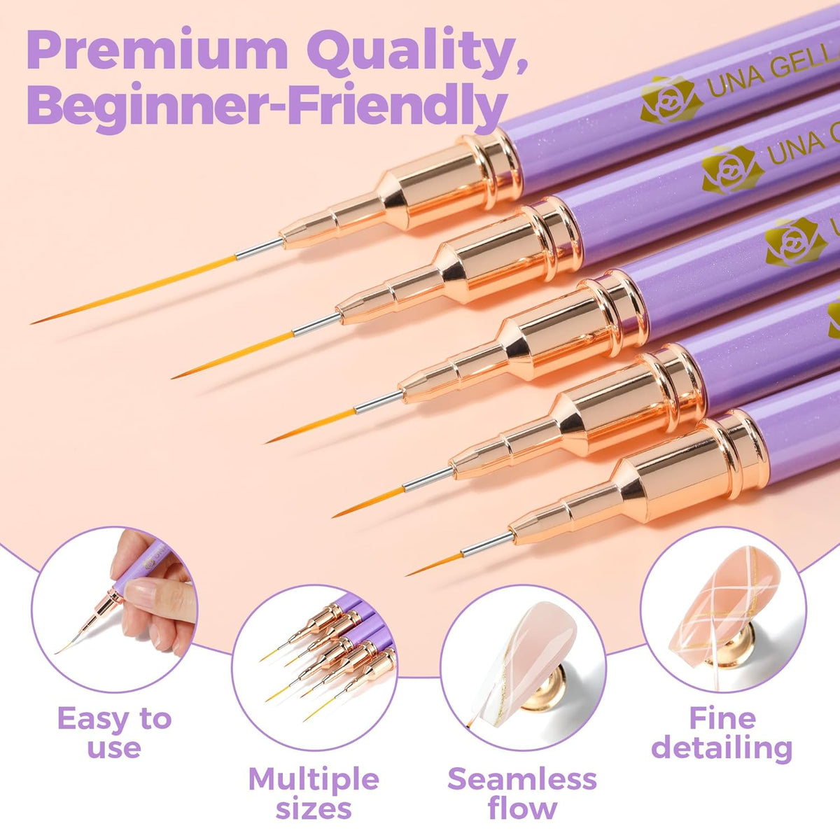 UNA GELLA Nail Art Pens Metallic, Liner Brushes Set For Nail Art Gel Polish, 5Pcs Purple Color