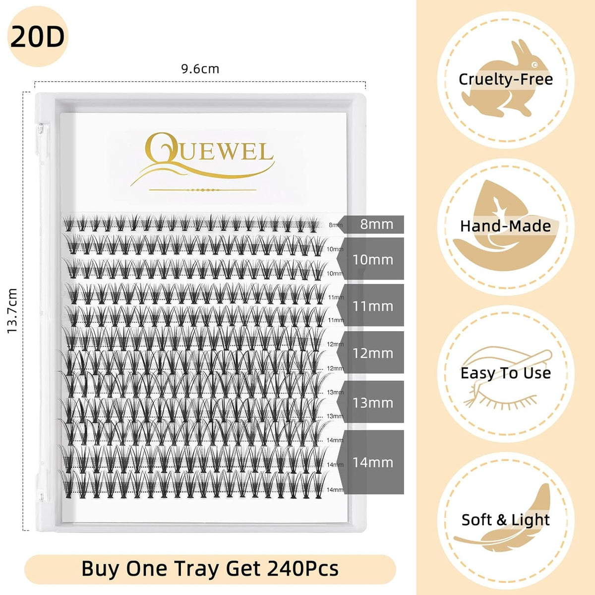 QUEWEL Lash Clusters 240Pcs Cluster Lashes 20D 0.07C Curl Mix8-14mm Individual Lashes