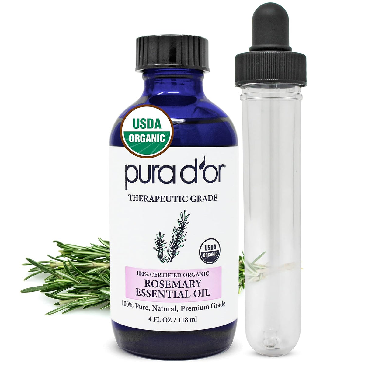 PURA D'OR Organic Rosemary Essential Oil, 4oz, Therapeutic Grade, for Hair, Body, Skin