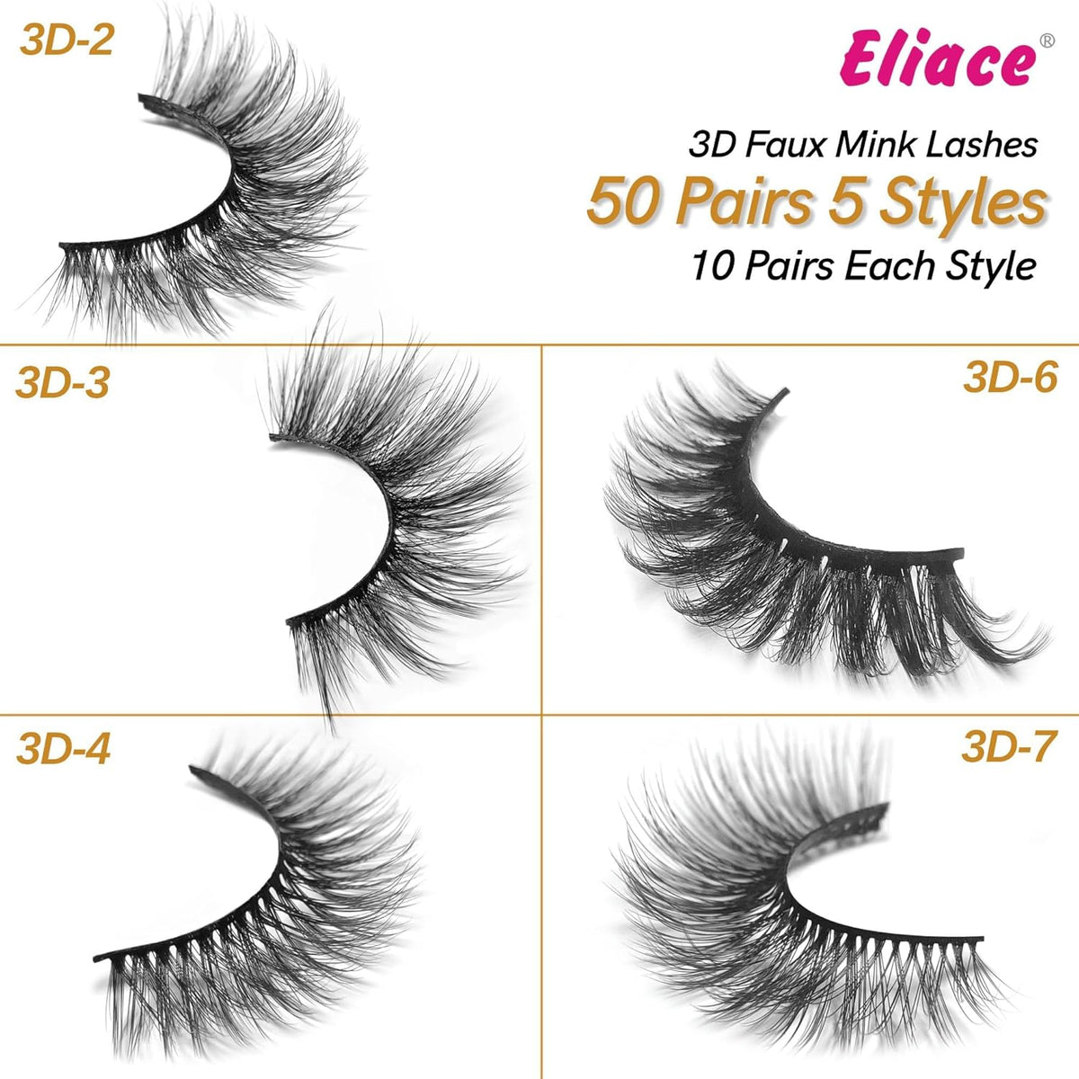 Eliace Eyelashes, (50 Pairs,5 Styles) Luxurious Faux Mink Lashes Natural Look Wispy Fluffy Handmade
