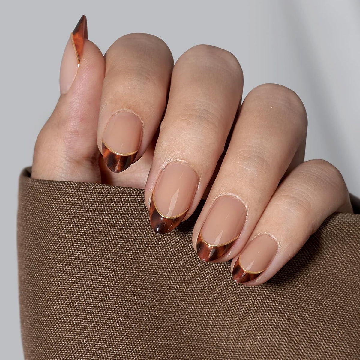 BTArtbox Press On Nails Short Almond - Winter French Tip Press On Nails, Soft Gel Fake Nails Brown