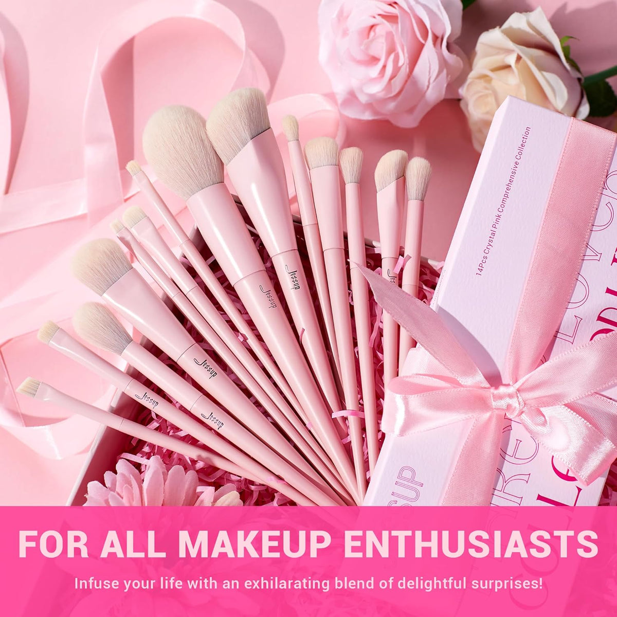Jessup Pink Makeup Brushes Set 14Pcs Make up Brushes Premium Vegan Foundation Concealer Blush