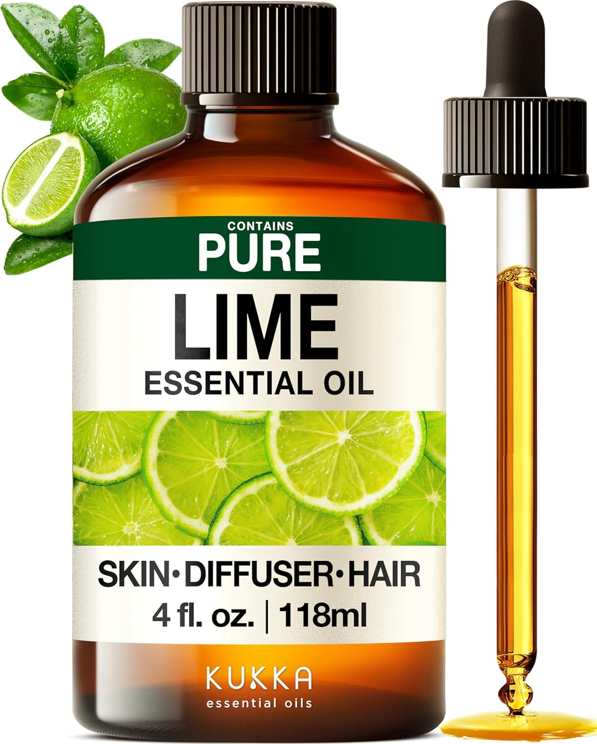 Kukka Lime Essential Oil for Skin - 4 Fl Oz - Lime Oil for Diffuser, Hair, Candles, DIY Soap Making