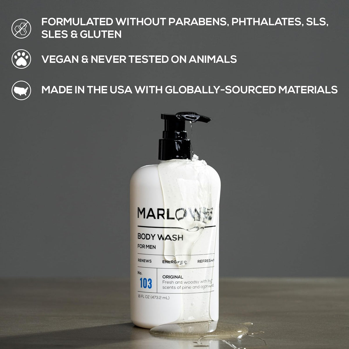 MARLOWE. No. 103 Body Wash 16 oz Pump, Original, Energizing & Refreshing Shower Gel with Willow