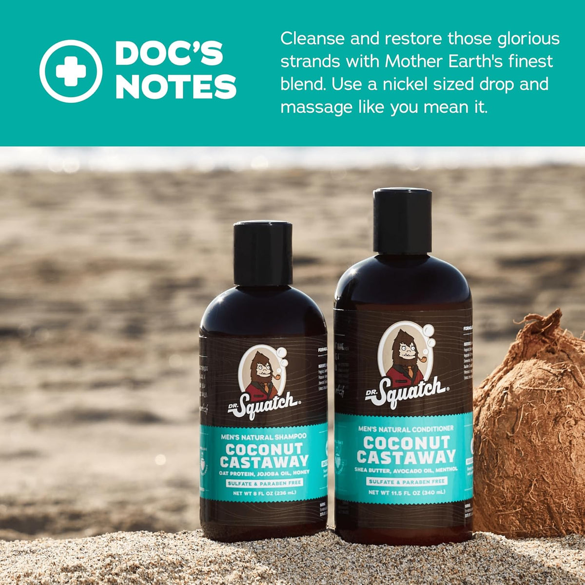 Dr. Squatch Natural Hair Bundle for Men - Healthy, Full Looking Hair - Coconut Castaway Shampoo (8