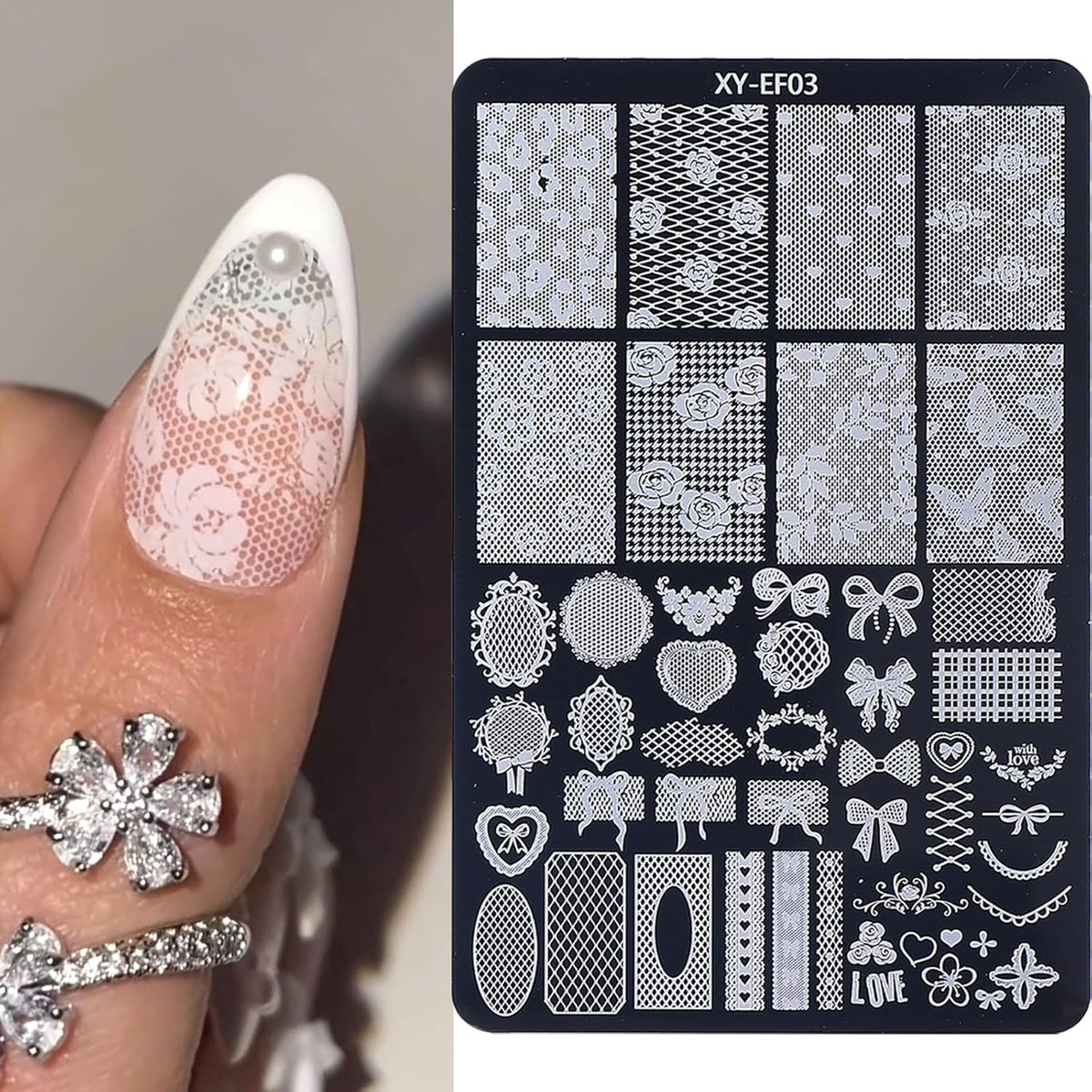 6pcs Lace Flower Design Nail Stamping Plate Kit With French Tip Nail Stamper Kit Ribbon Bow Knot