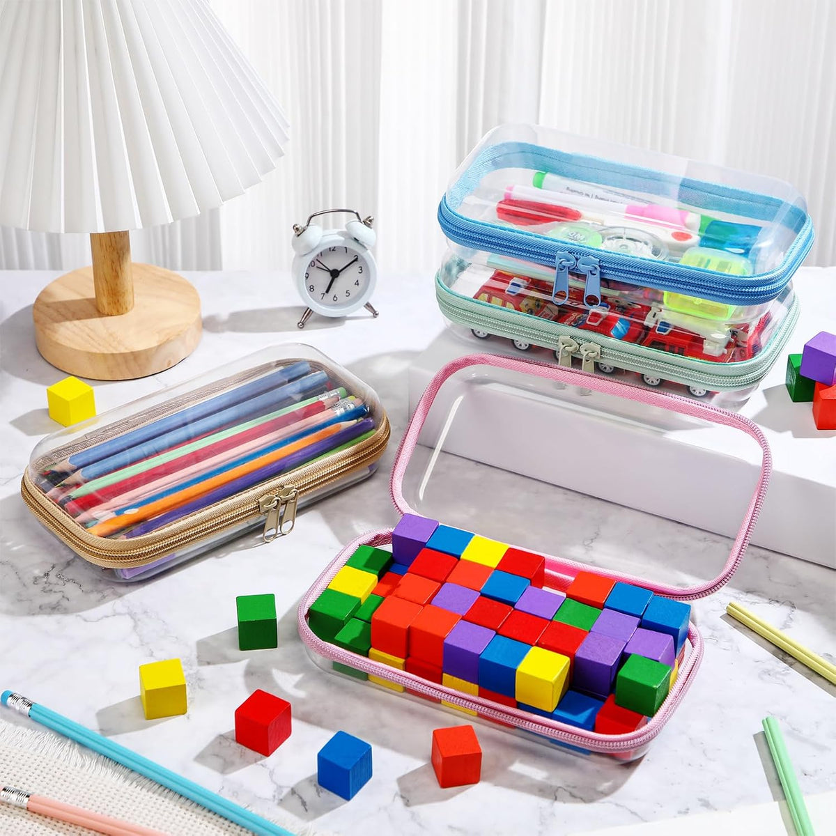 Hoolerry 4 Pcs Hard Clear Zipper Case Makeup Bags Plastic Pencil Pouch Transparent Storage Box