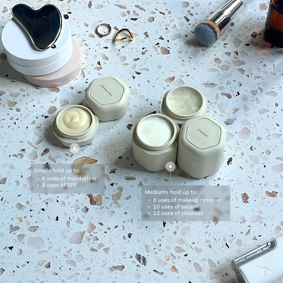 Cadence Travel Containers - Core Skincare Set - Magnetic Containers with Lids,2 Small (0.56oz) & 3