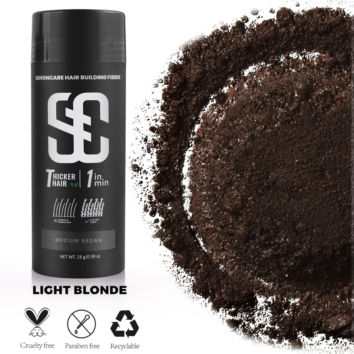 SOVONCARE Hair Fibers for Thinning Hair Medium Brown, Hair Building Fibers for Bald Spots