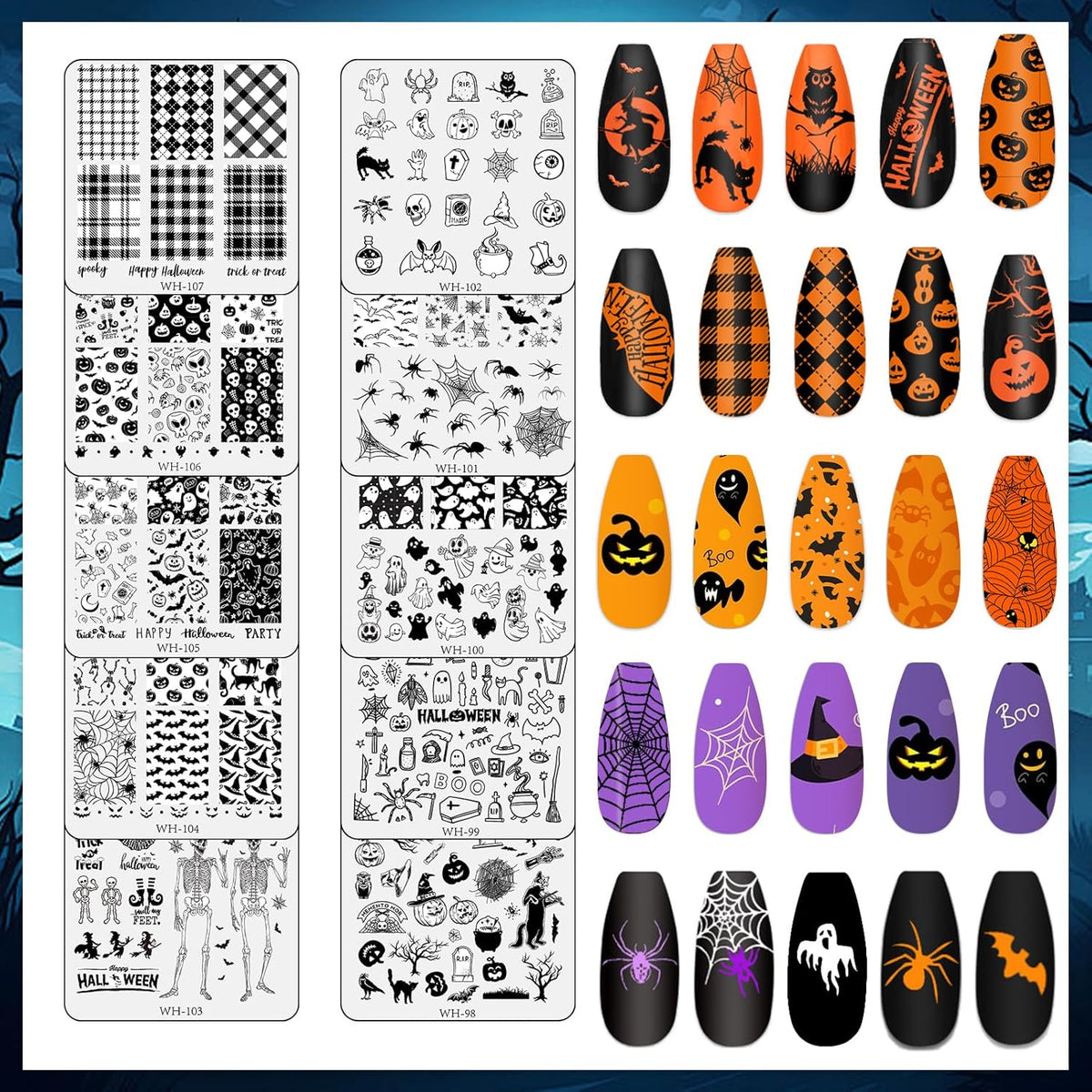 Whaline 10Pcs Halloween Nail Art Stamping Plate Kit Spooky Pumpkin Ghost Skull Plaid Design Nail