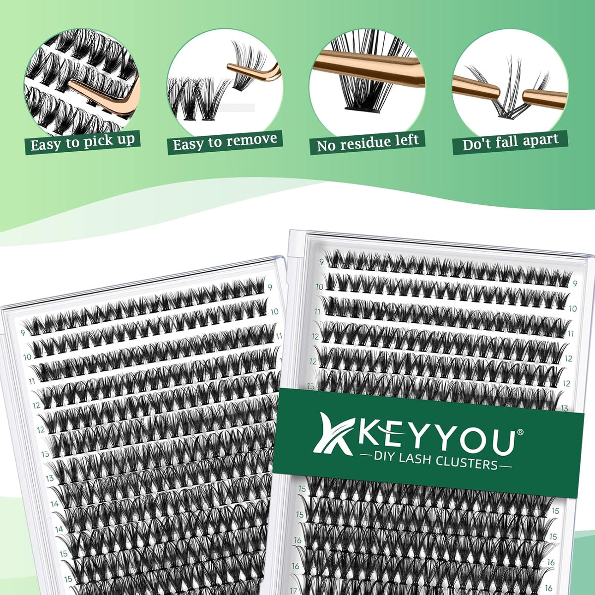 KEYYOU Lash Clusters 300pcs Individual Lashes 40D 0.07D Curl 9-18MIX DIY Eyelash Extension Large
