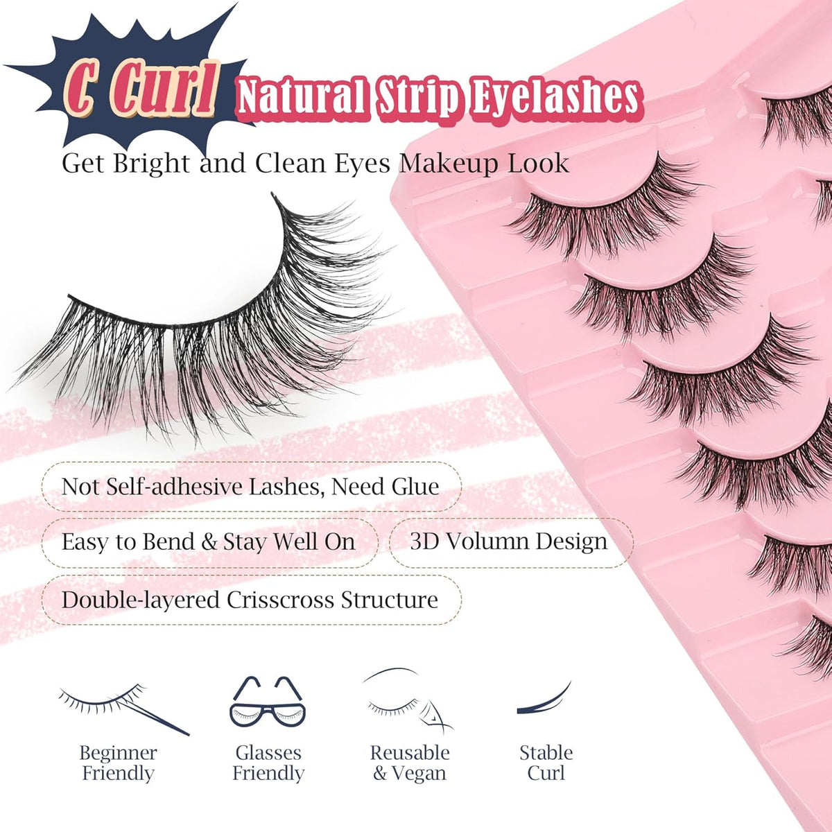 Lashes False Eyelashes Natural 16mm Wispy Lashes Pack Fluffy Eyelashes C Curl Strip Lashes