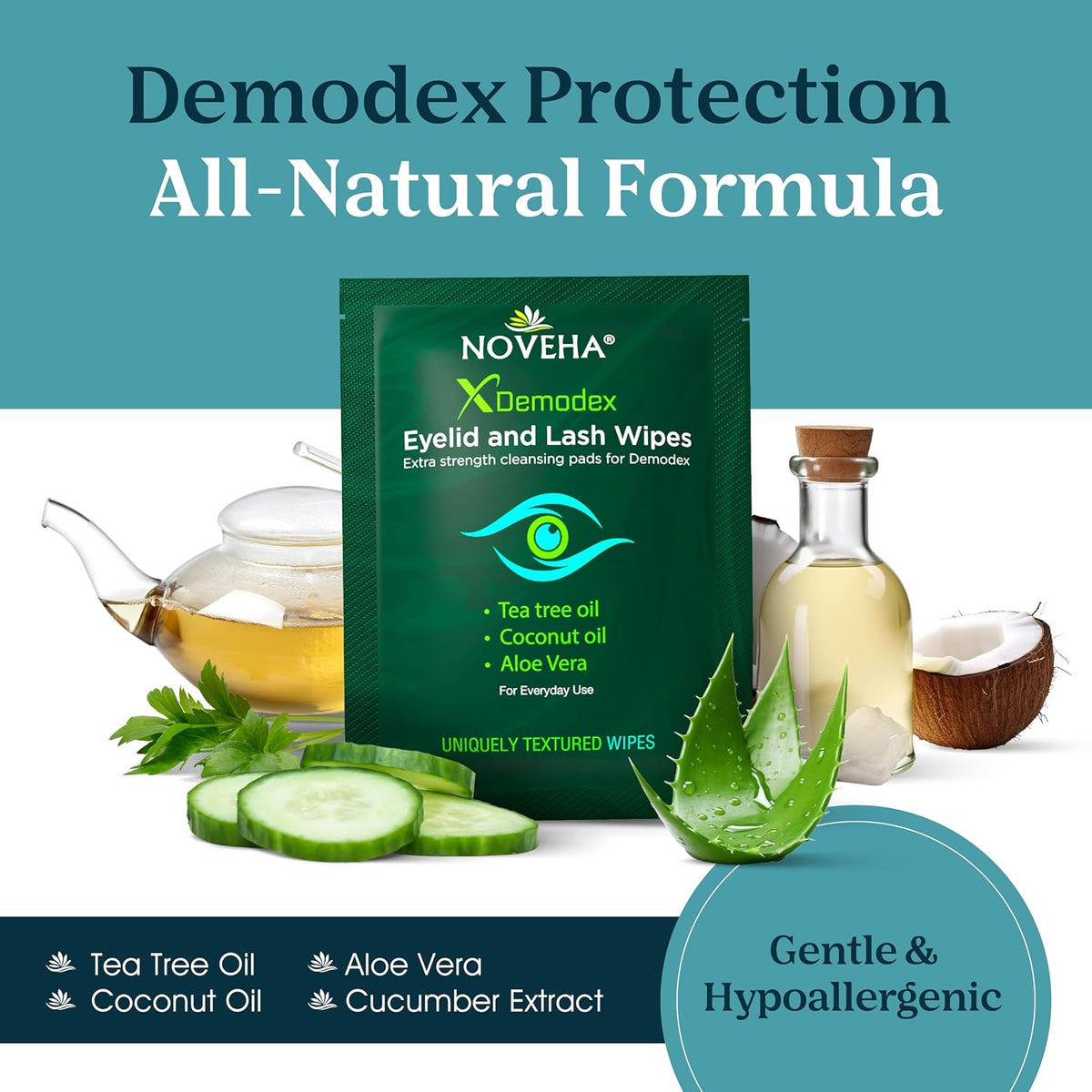 NOVEHA Demodex Eyelid & Lash Wipes | Box Of 60 Individually Wrapped Extra Strength Cleansing
