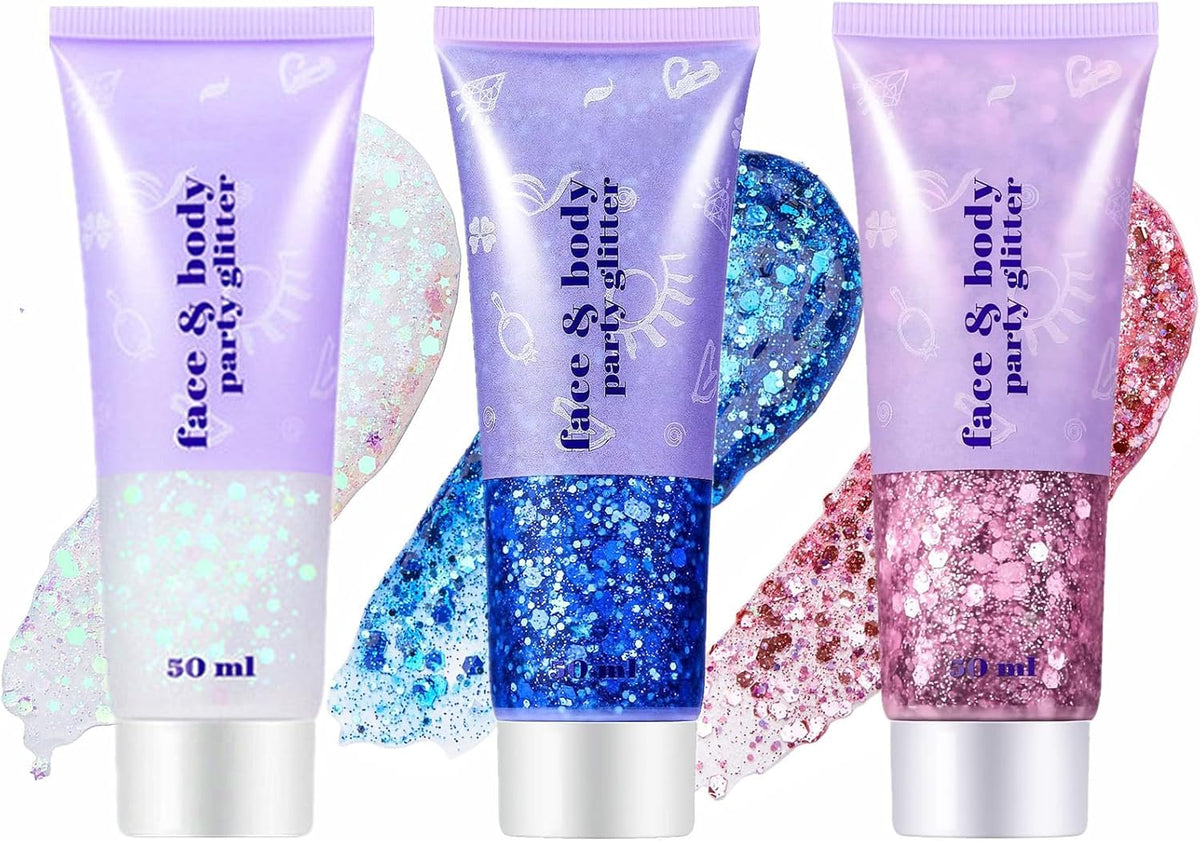 Go Ho White Pink and Blue Body Glitter Set,Singer Concerts Face Glitter Gel Makeup,Holographic Long