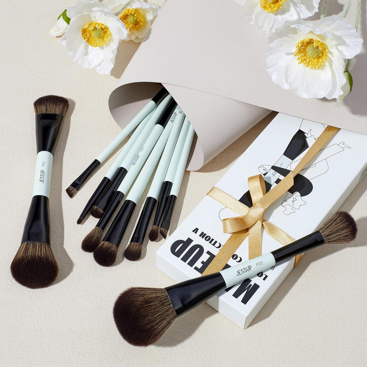 Jessup Makeup Brushes Set 10pcs, Double Sided Foundation Contour Blush Highlight Blending Eyebrow