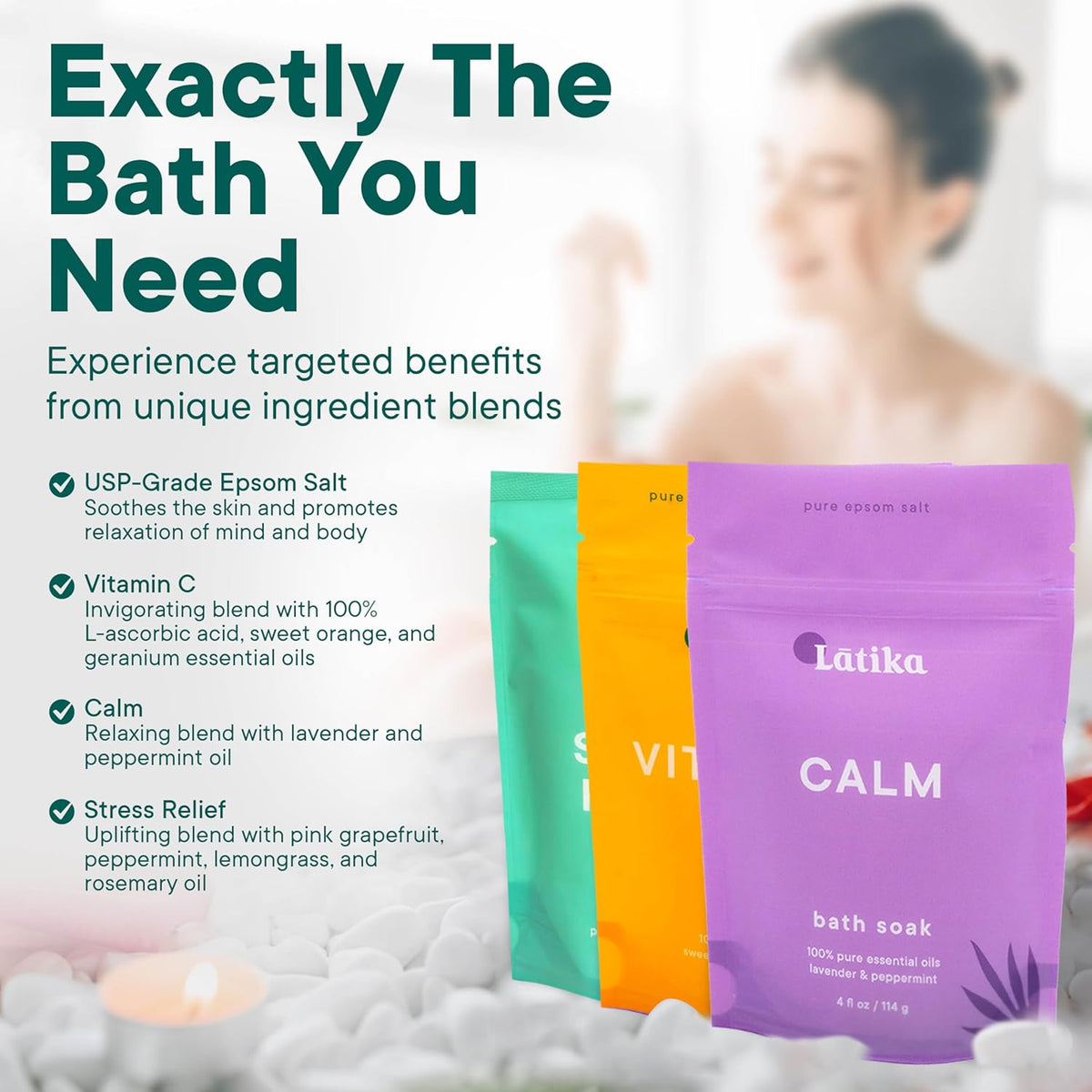 Soaks Set of 3 – Rejuvenate, Calm & Stress Relief Bath Soak with Essential Oils | Epsom Salt for