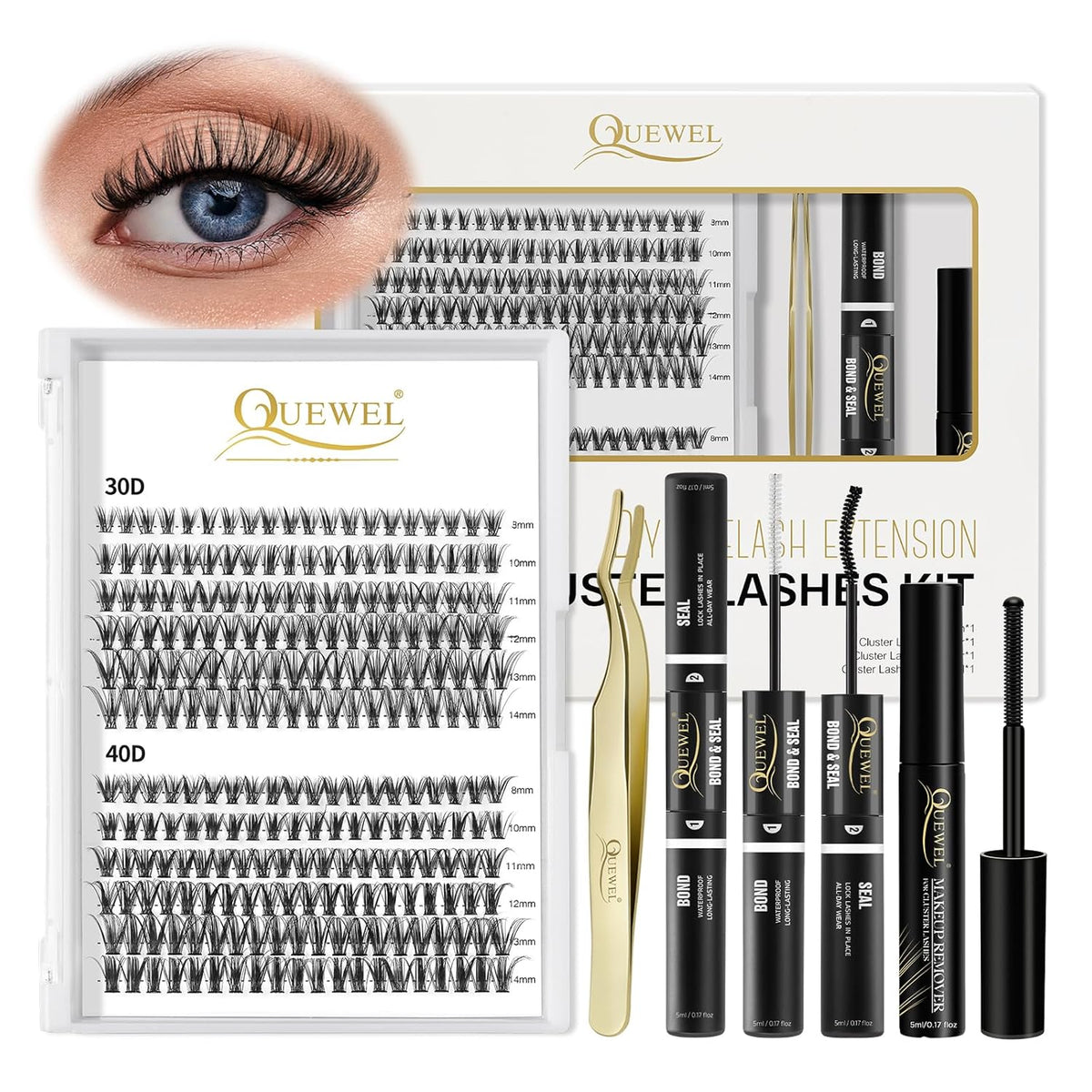 QUEWEL Lash Clusters Kit, 240 Pcs Lash Clusters 30D+40D DIY Lash Extensions Kit with Applicator