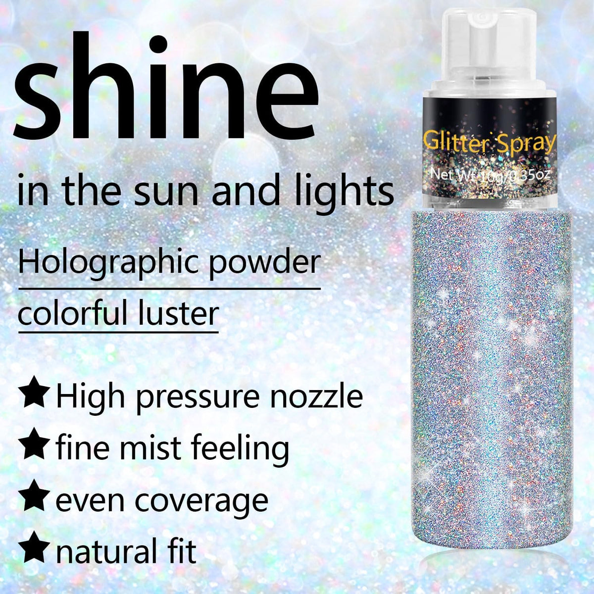 Hair and Body Glitter Spray, Holographic Glitter Highlighter Powder, Face Body Clothes Shiny