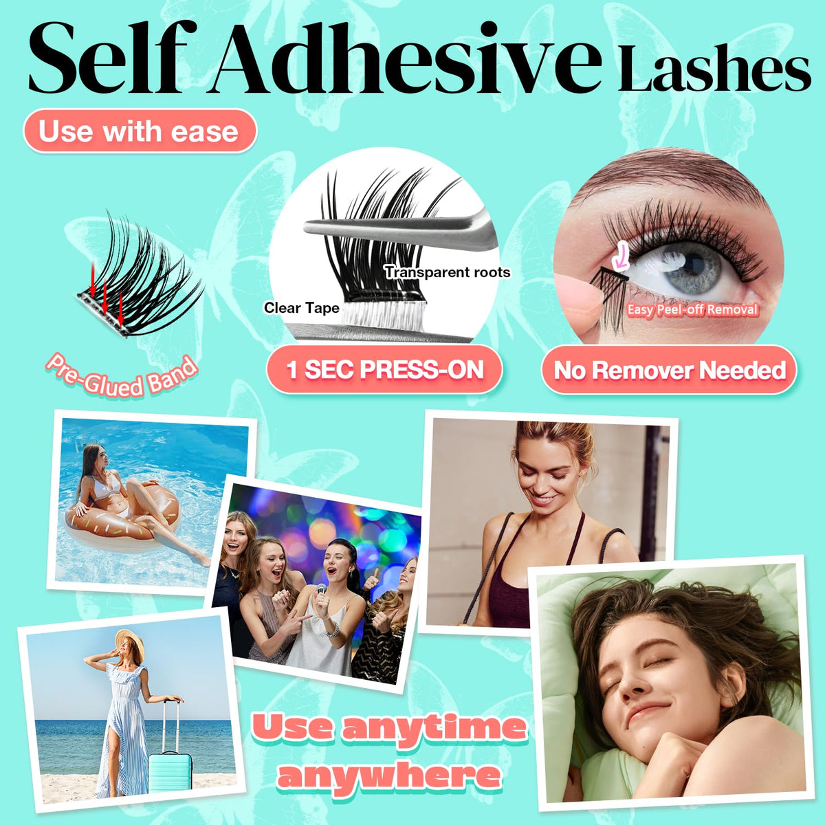 No Glue Needed Lashes, Self Adhesive Eyelashes, DIY Lash Eyelash Extensions Kit 10‑18mm,100pcs