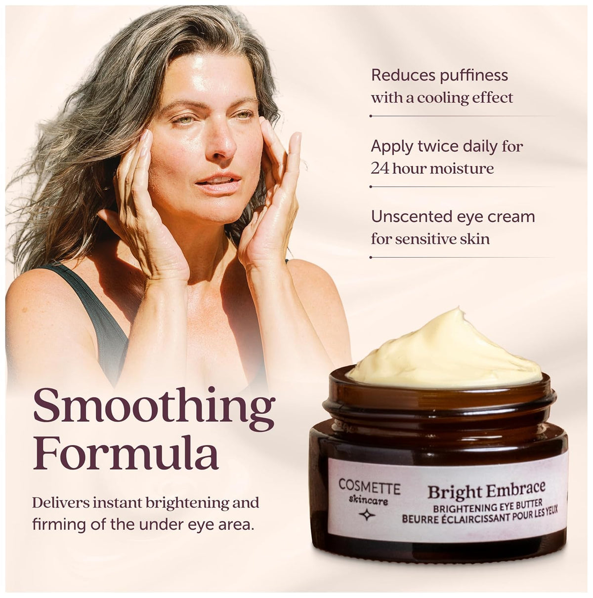Cosmette Bright Embrace Brightening Eye Cream, Vegan Under Eye Butter for Dark Circles & Wrinkles