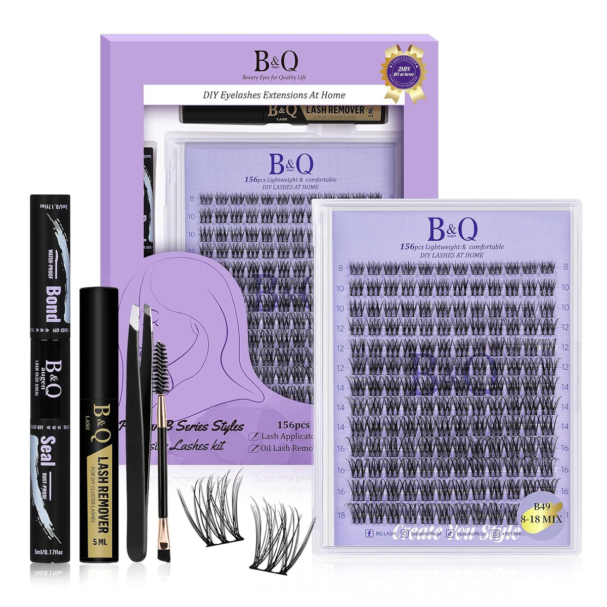 Lash Extension Kit B49 Eyelash Extension Kit B&Qaugen DIY Lash Extension Kit 156 PCS Lash Clusters