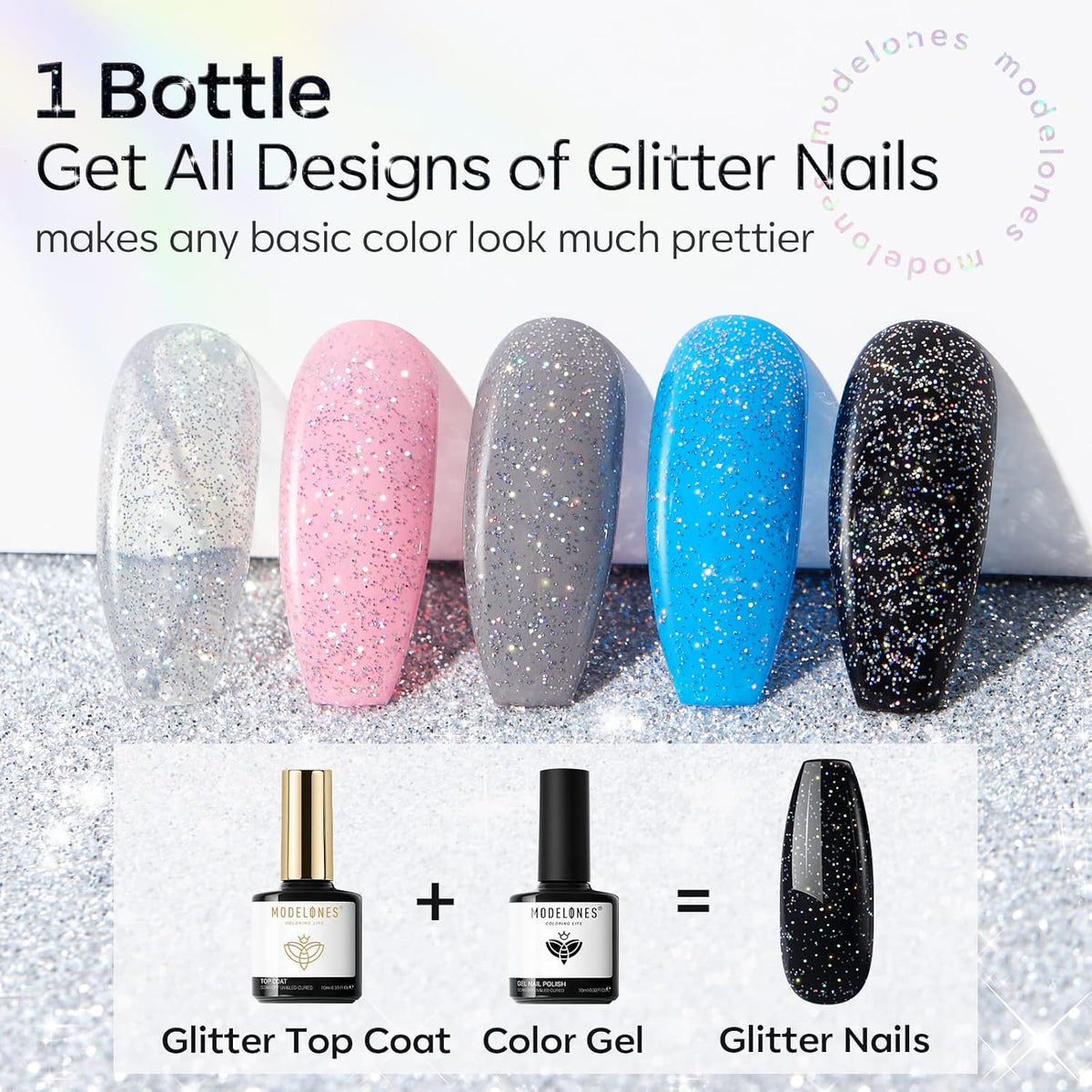 Modelones Glitter Gel Top Coat, Iridescent Silver Mix Glitter Gel Polish No Wipe Top Coat Glossy