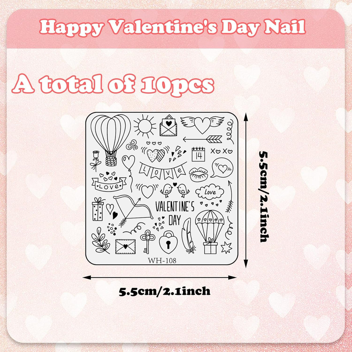 Whaline 10Pcs Valentine's Day Nail Art Stamping Plate Kit Romantic Love Heart Rose Design Nair Art