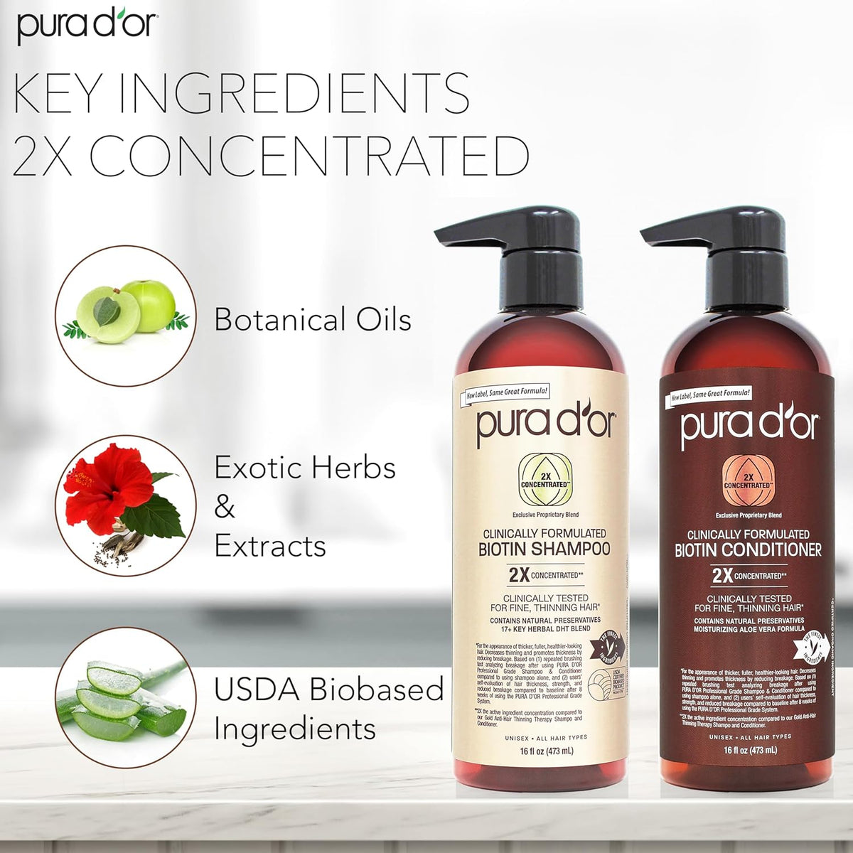 PURA D'OR Clinically Formulated Biotin Shampoo & Conditioner For Hair Thinning - 2X Concentrated
