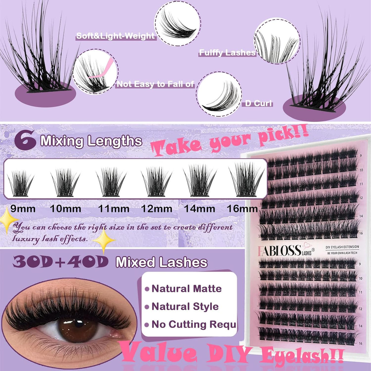 Lash Clusters Kit Fluffy 144Pcs Lash Clusters DIY Eyelash Extension Kit 80D Individual Lashes