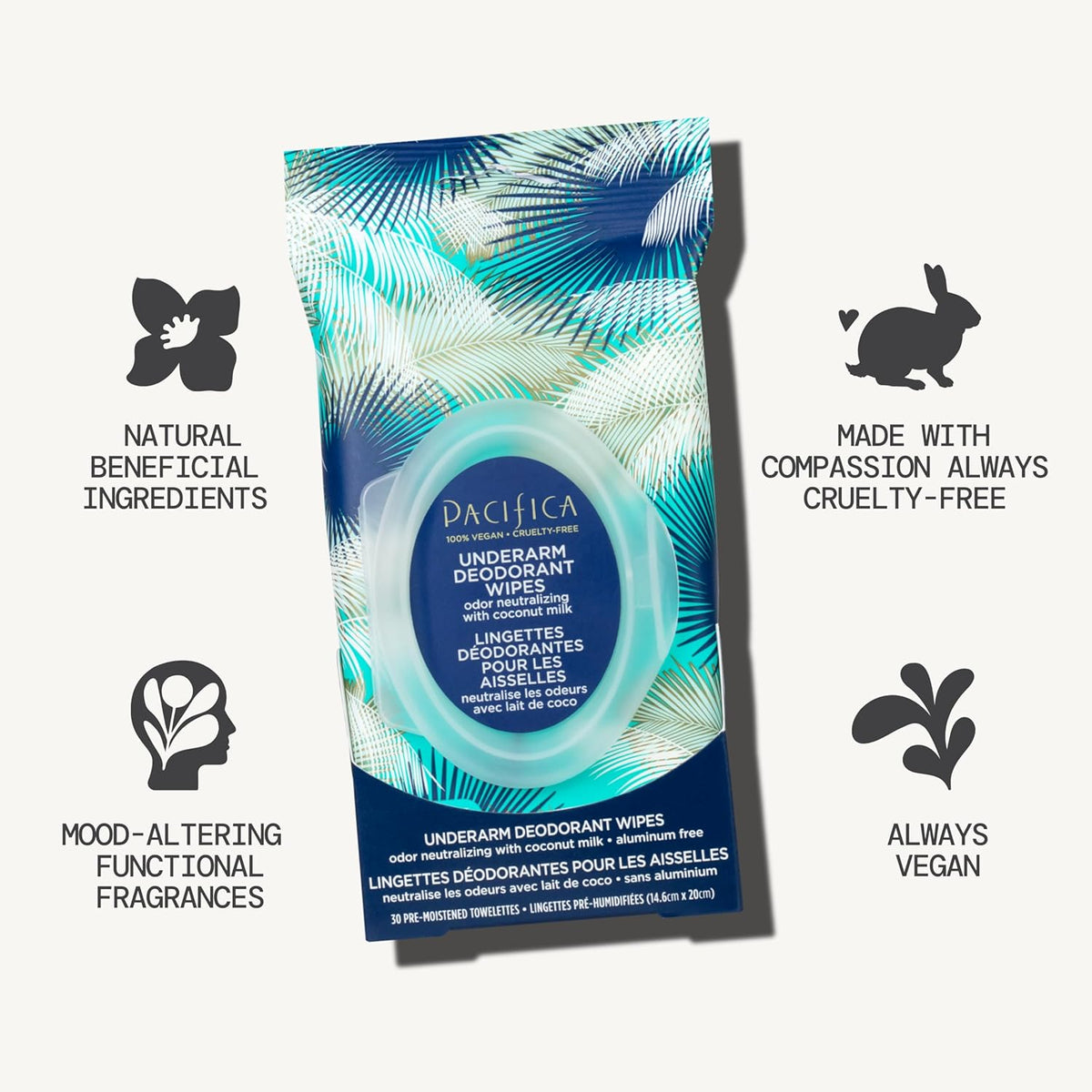 Pacifica Beauty Coconut Milk & Essential Oils Underarm Deodorant Wipes, Helps Remove Odor