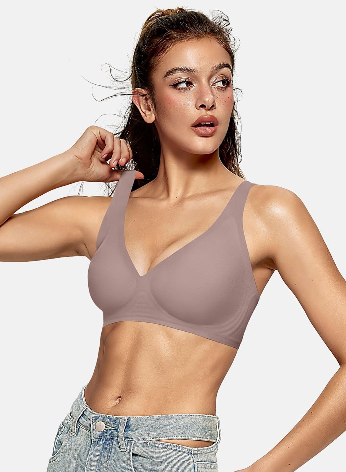 OEAK Womens Deep V Bras Wireless Comfortable Bra Supportive No Underwire Bras Tshirt Push Up