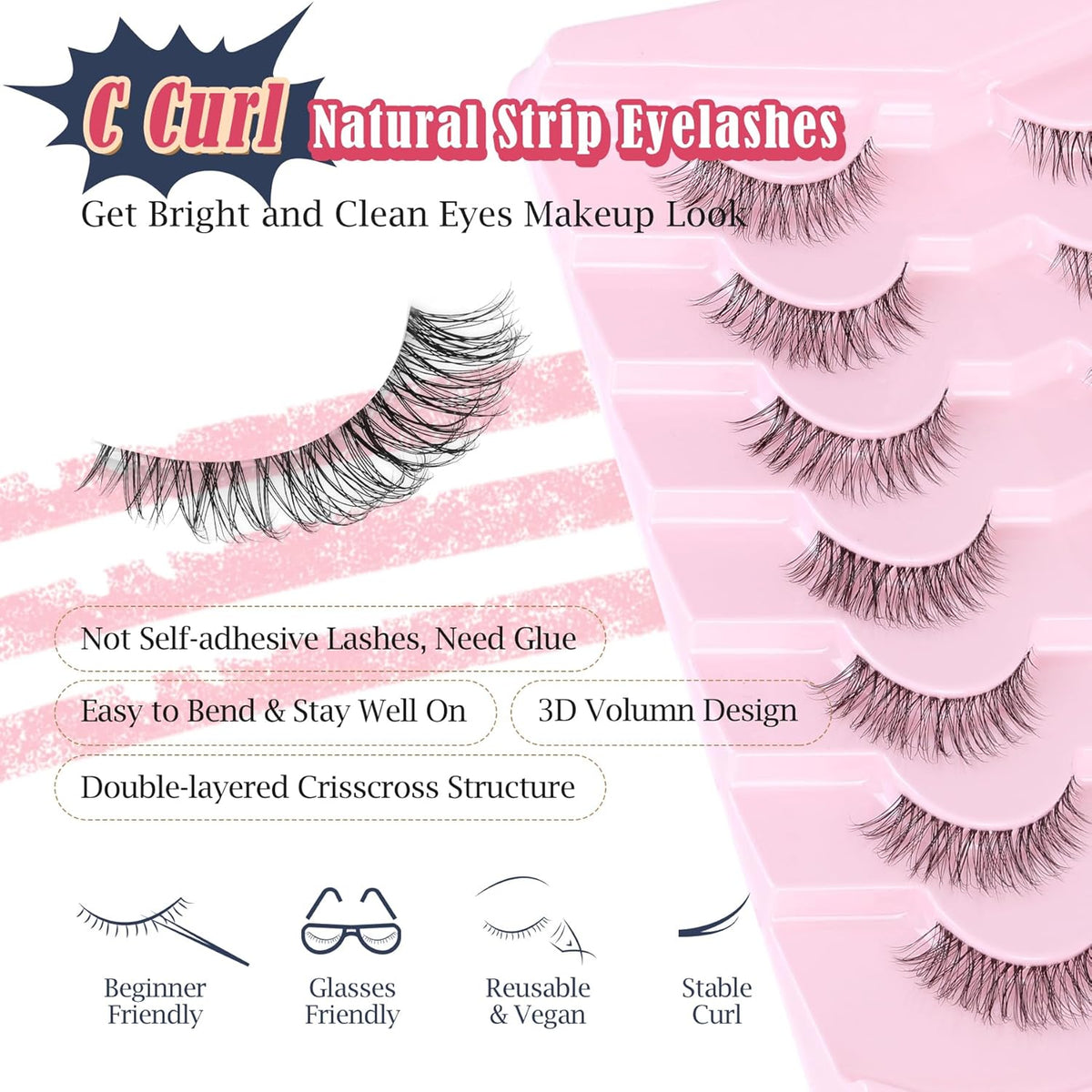 Lashes Natural Look False Eyelashes Wispy 13mm Eye Lashes Pack with Thin Cotton Band C Curl Fake