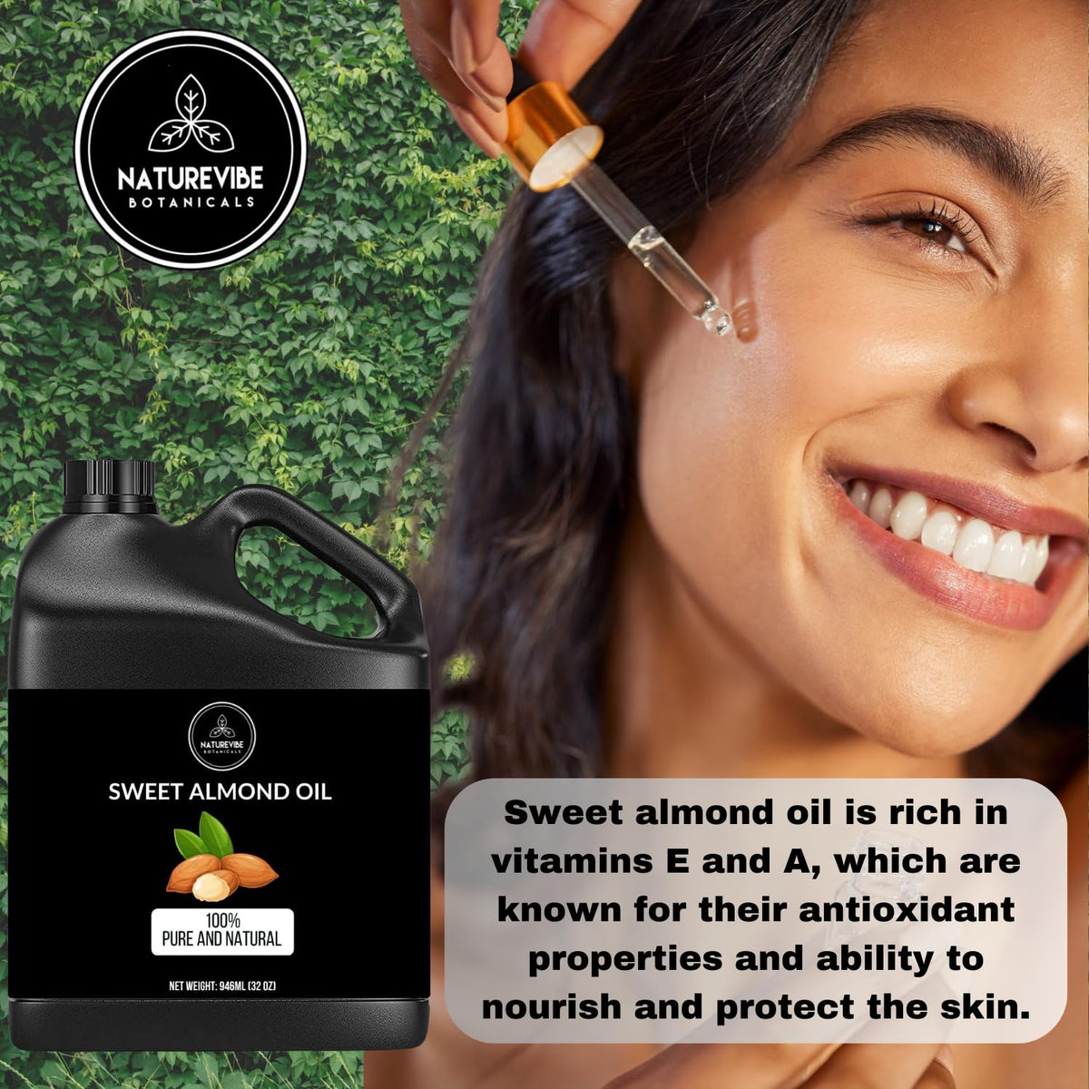Naturevibe Botanicals Sweet Almond Oil 32 Ounces | 100% Pure and Natural Unrefined Cold Pressed