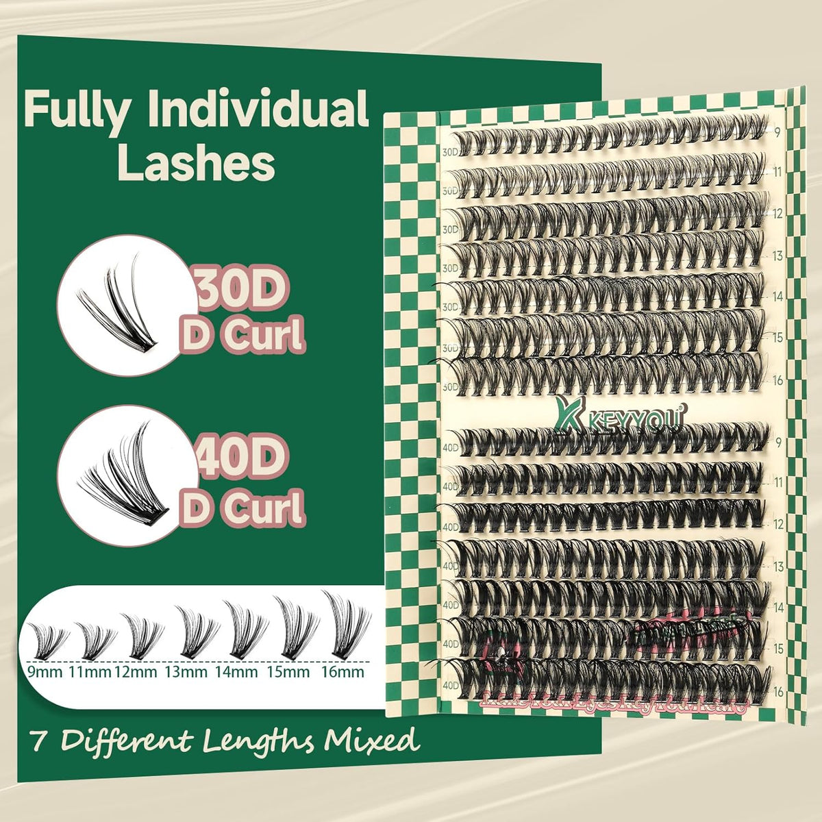 KEYYOU DIY Lash Extension Kit 280pcs Individual Lashes D Curl Eyelash Extension Kit 30D+40D 9-16Mix