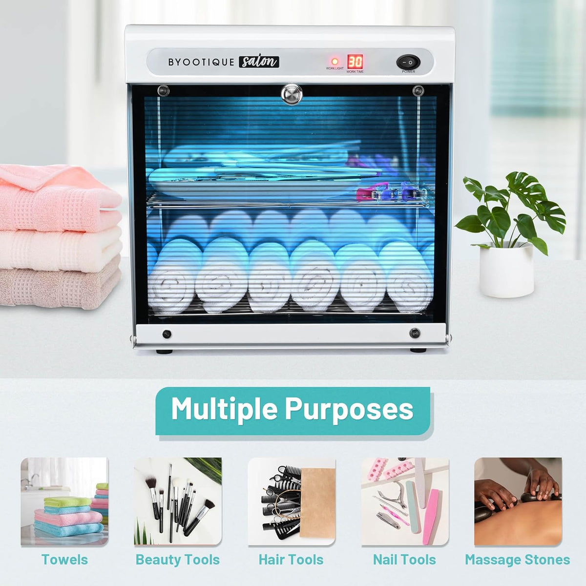 BYOOTIQUE 16L Nail Tool Cleaning Machine Electric Towel Cabinet Blue Light with Timer for Manicure