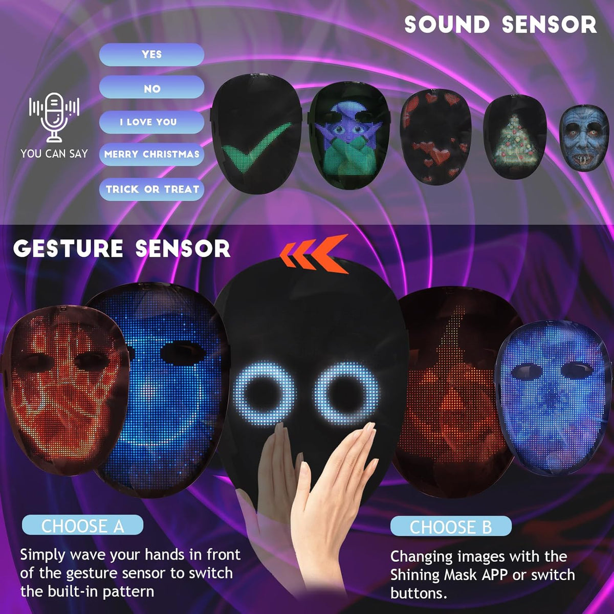 Led Mask with Gesture Sensing,Light up mask for Kids/Men/Women LED Halloween Mask for Costume