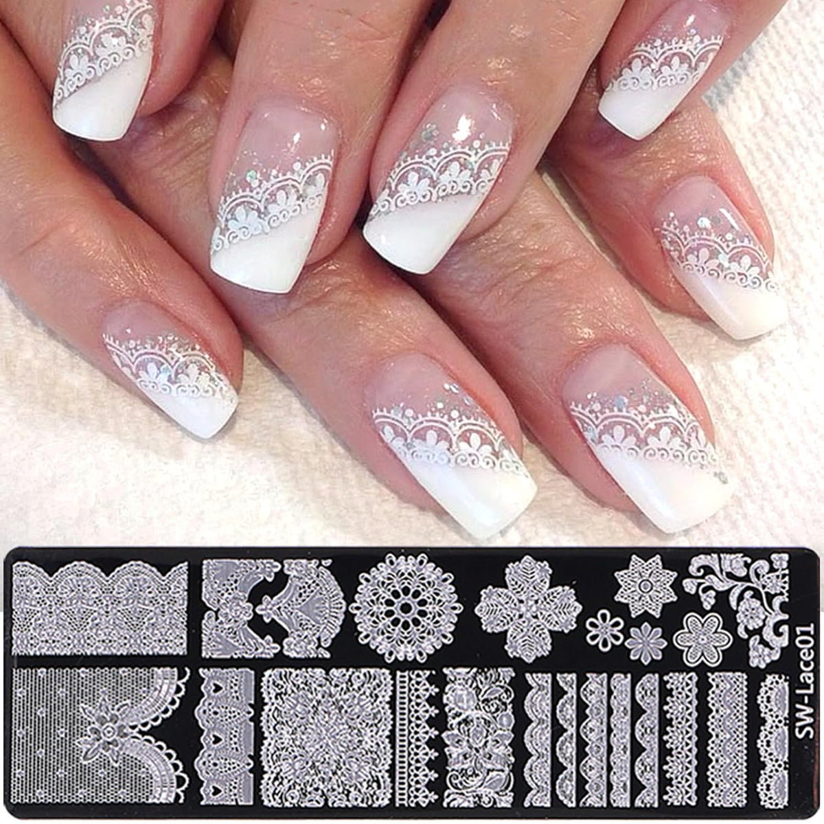 Lace Nail Stamping Plate Set - French Tip Stamp Silicone Nail Stamper Kit Bow Lace Design with Nail