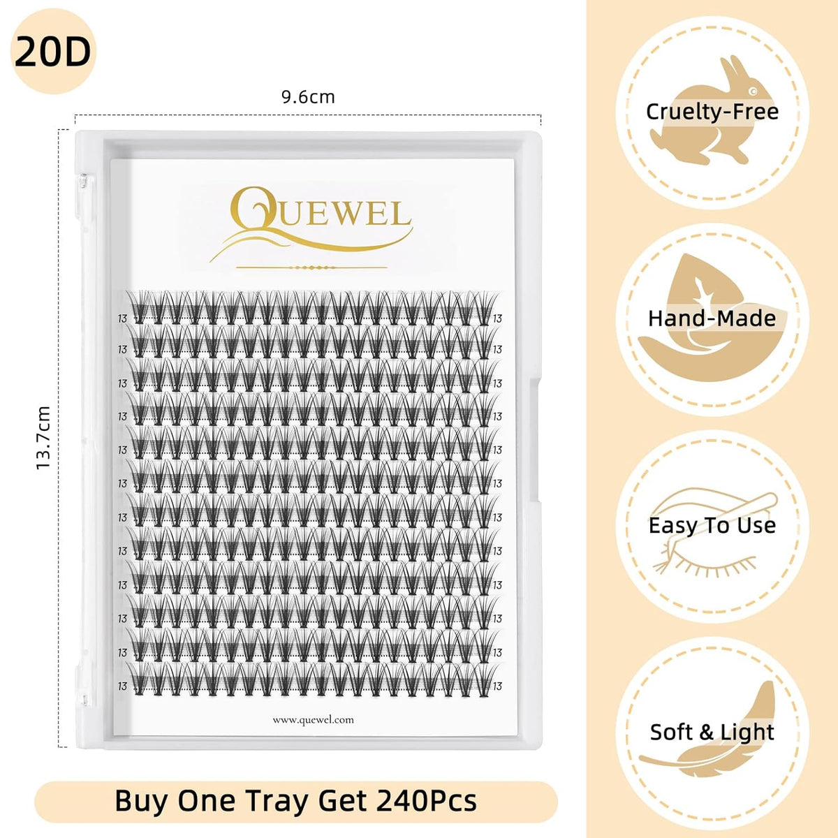 QUEWEL Cluster Lashes 240Pcs Individual Lashes 20D 0.07D Curl 13mm Knot-Free Lash Extensions