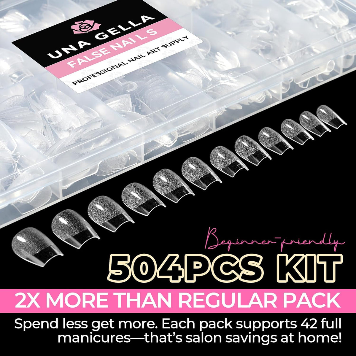 UNA GELLA Extra Short Coffin Nails Tips: 504pcs Pre-etched XS Short Nails, 12 Sizes Clear Coffin